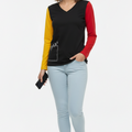 Women Graphic Contrast Sleeves V-Neck Black T-Shirt