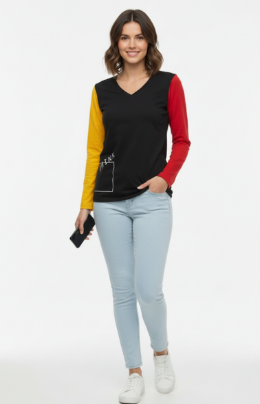 Women Graphic Contrast Sleeves V-Neck Black T-Shirt