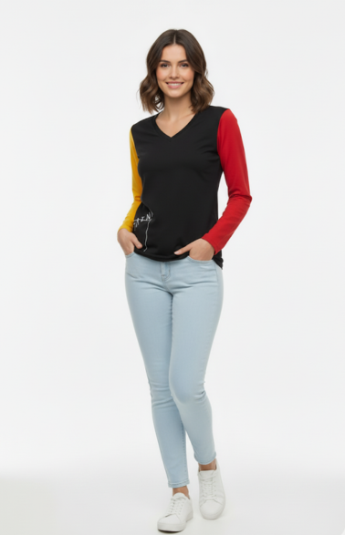Women Graphic Contrast Sleeves V-Neck Black T-Shirt