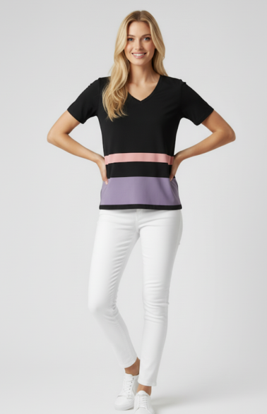 Women's Soft Cotton Color Block V-Neck T-Shirt