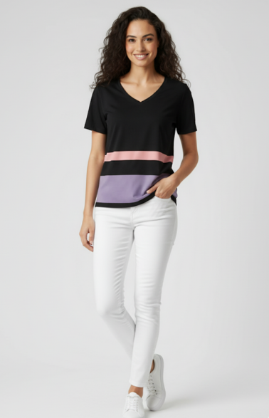 Women's Soft Cotton Color Block V-Neck T-Shirt