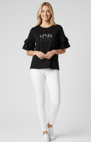 Women Soft Cotton Graphic Black Frill Top