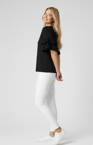 Women Soft Cotton Graphic Black Frill Top