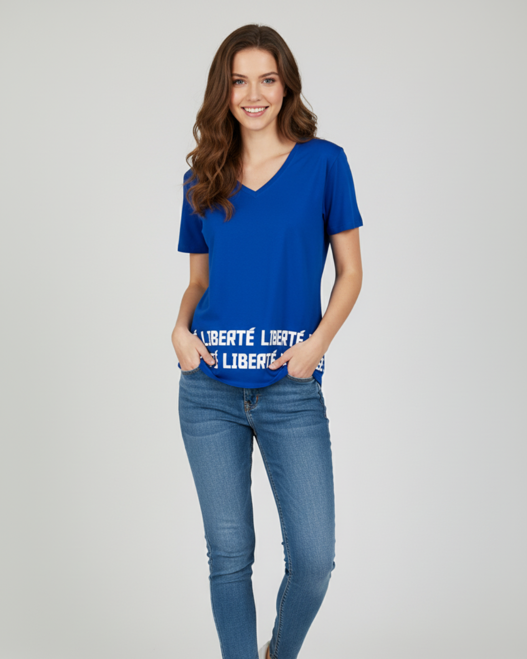 Women Soft Cotton Graphic V-Neck Top BLUE