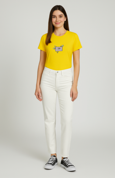 Embroidered Soft Cotton Yellow Women's T-Shirt