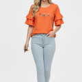 Women Soft Cotton Graphic Orange Frill Top