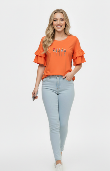 Women Soft Cotton Graphic Orange Frill Top