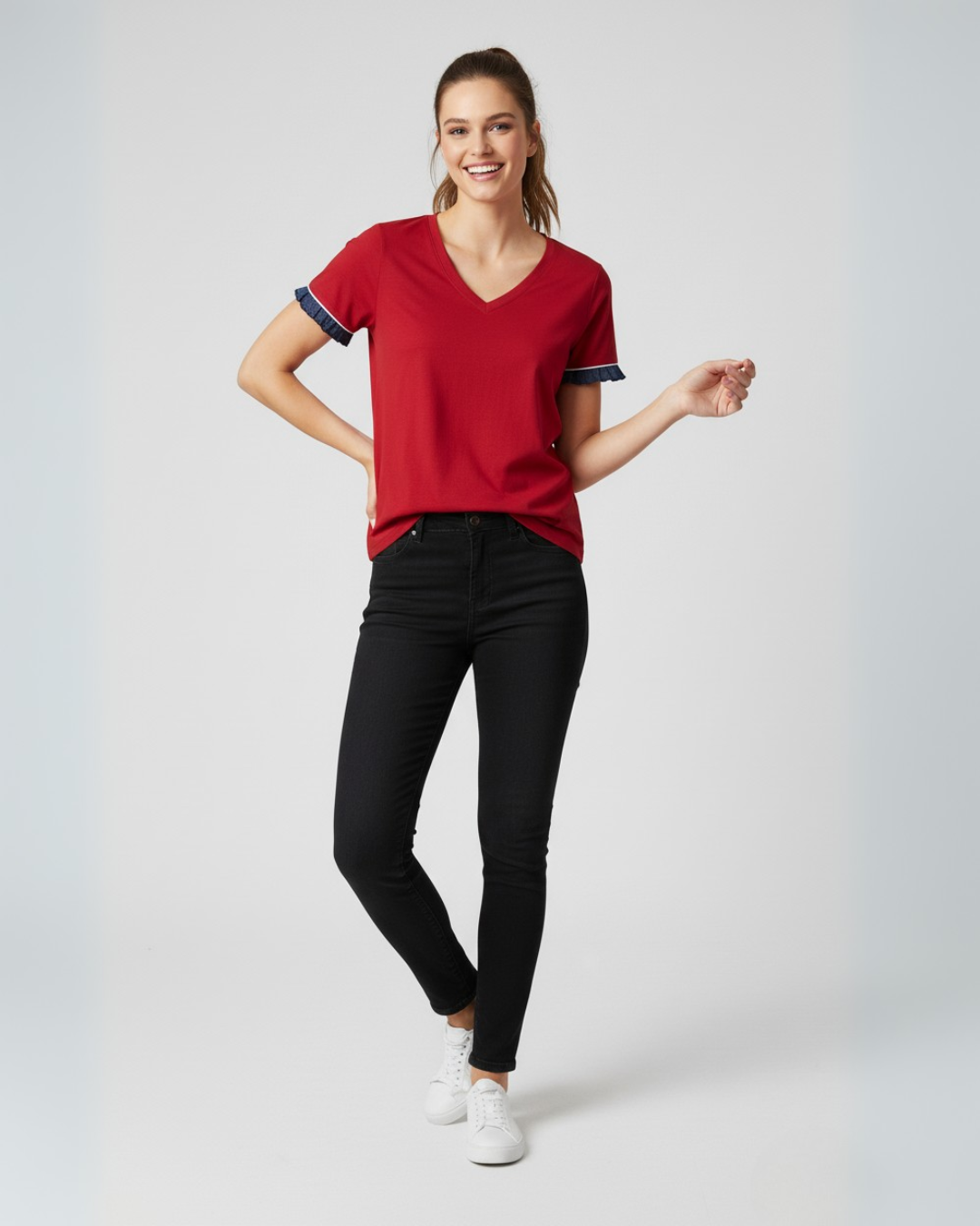 Women Soft Cotton Frill Sleeve V-Neck MEHROO