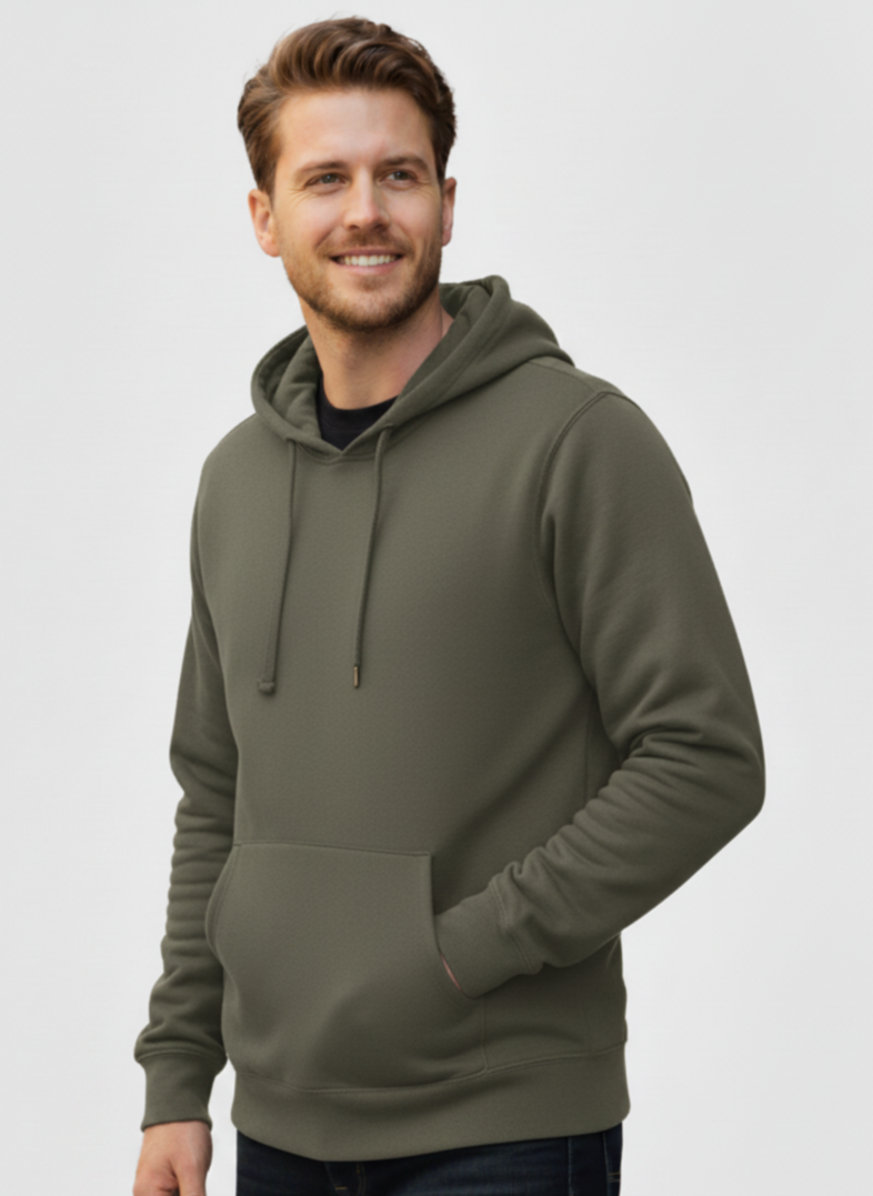 Men Pull-Over Military Green Fleece Hoodie