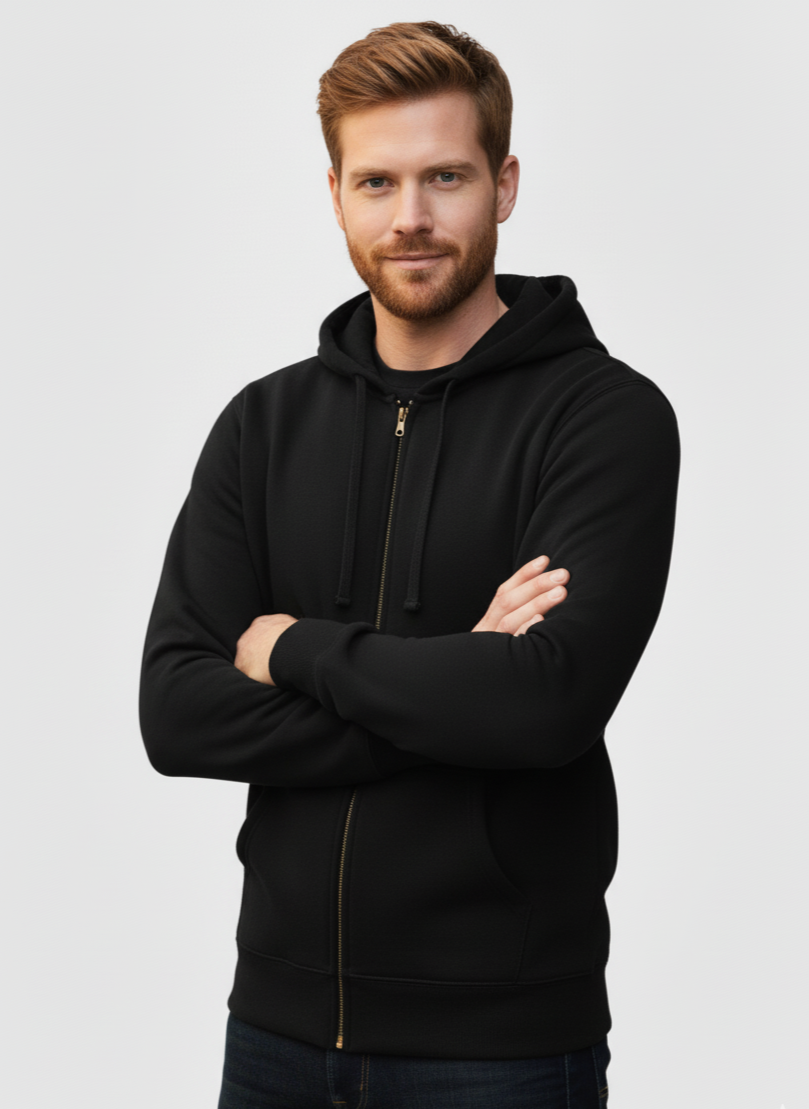 Men Full Zip Black Fleece Hoodie