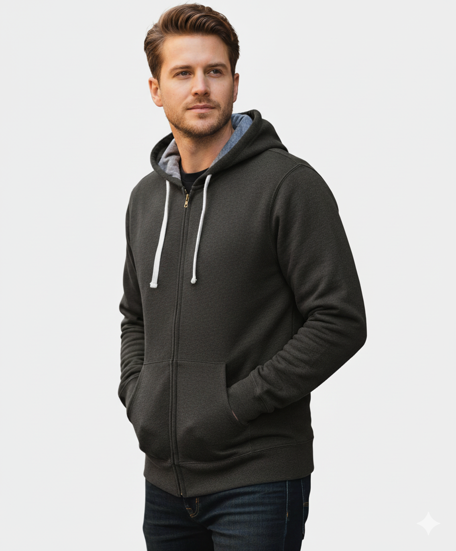 Men Full Zip Charcoal Black Fleece Hoodie