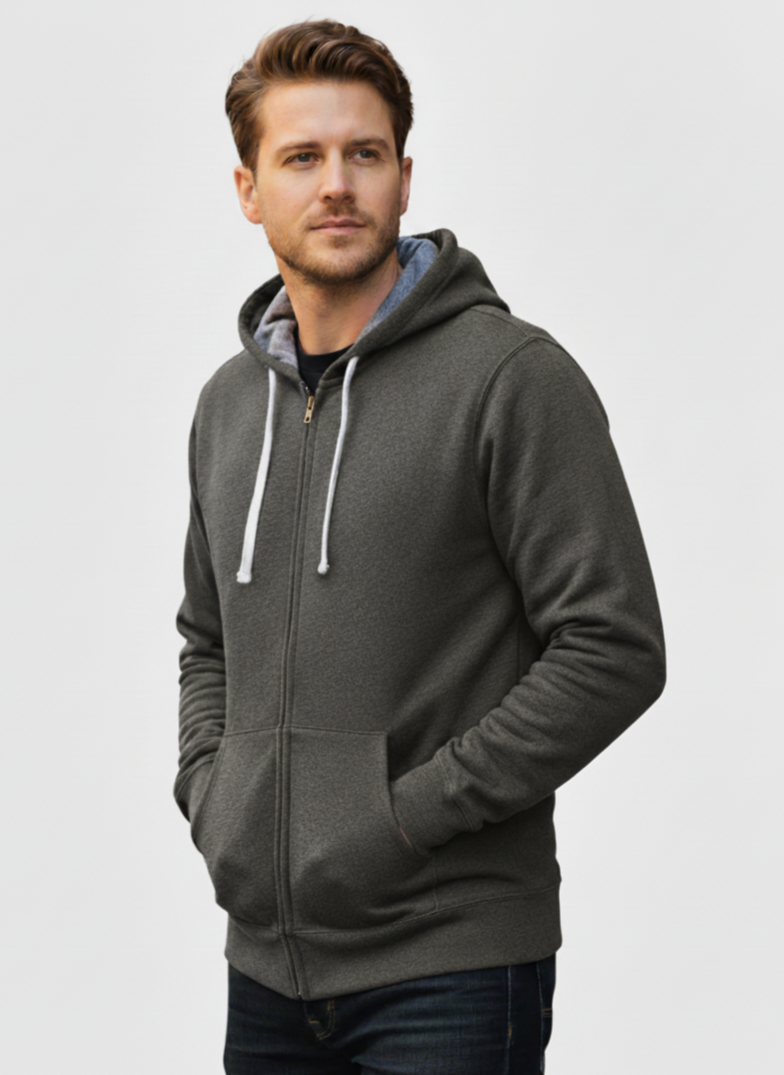 Men Full Zip Charcoal Fleece Hoodie
