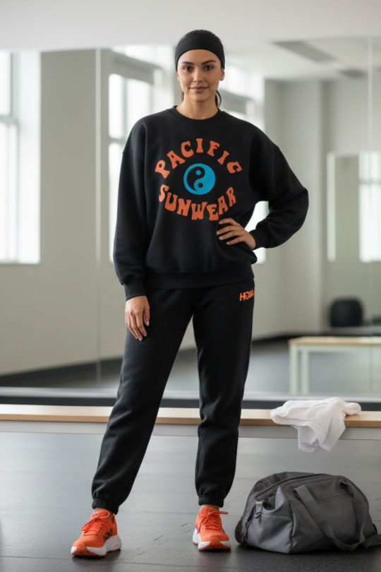Person wearing a black 'Pacific Sunwear' sweatshirt and pants with orange shoes, standing in a modern indoor setting.