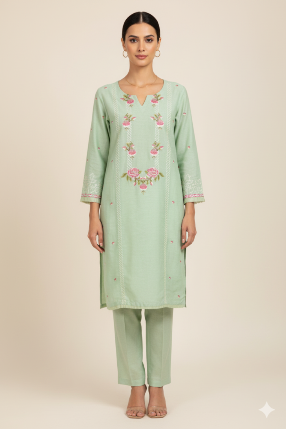 Woman wearing a light green embroidered outfit on a beige background