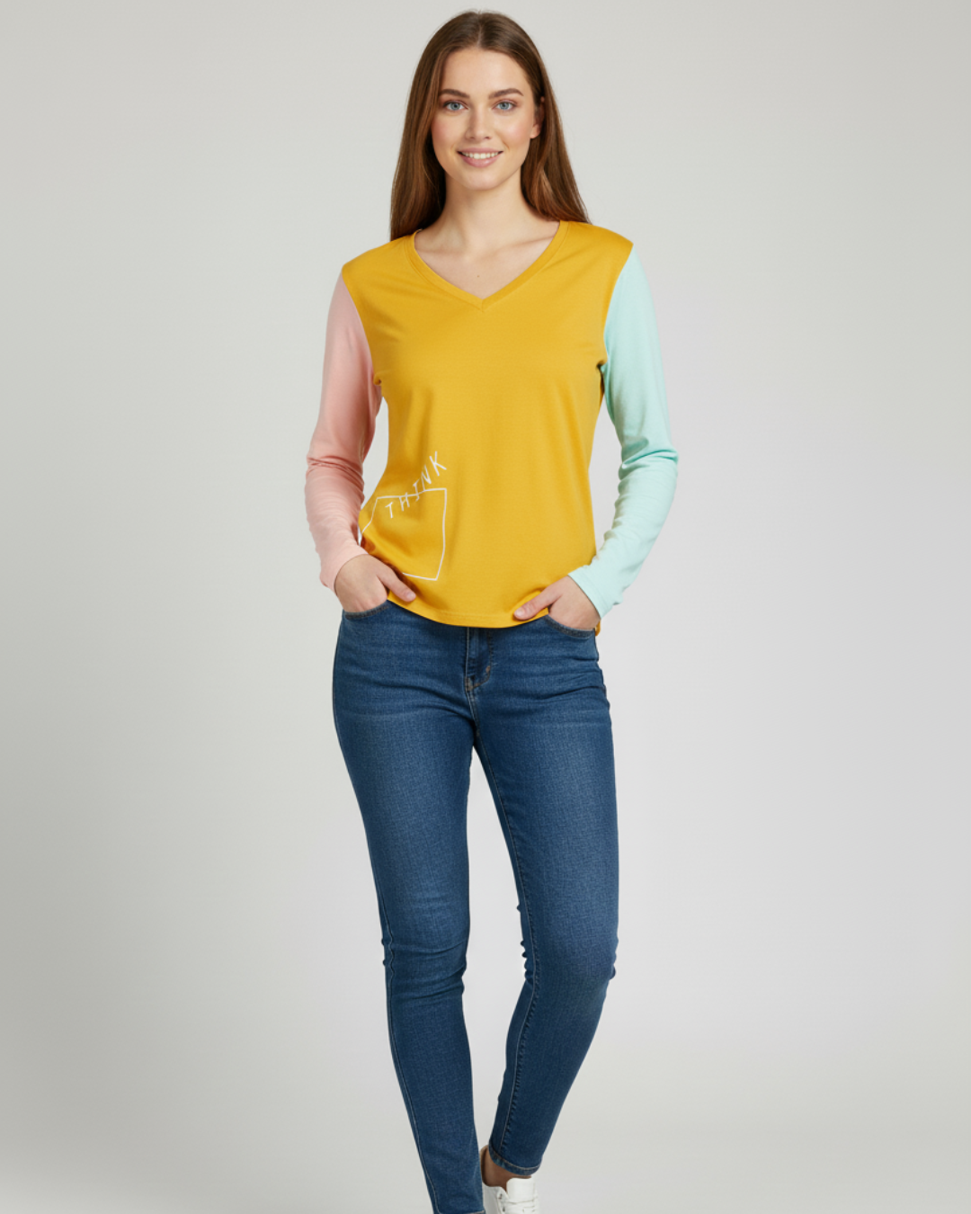 Women Graphic Tie & Dye V-Neck T-Shirt gold yellow