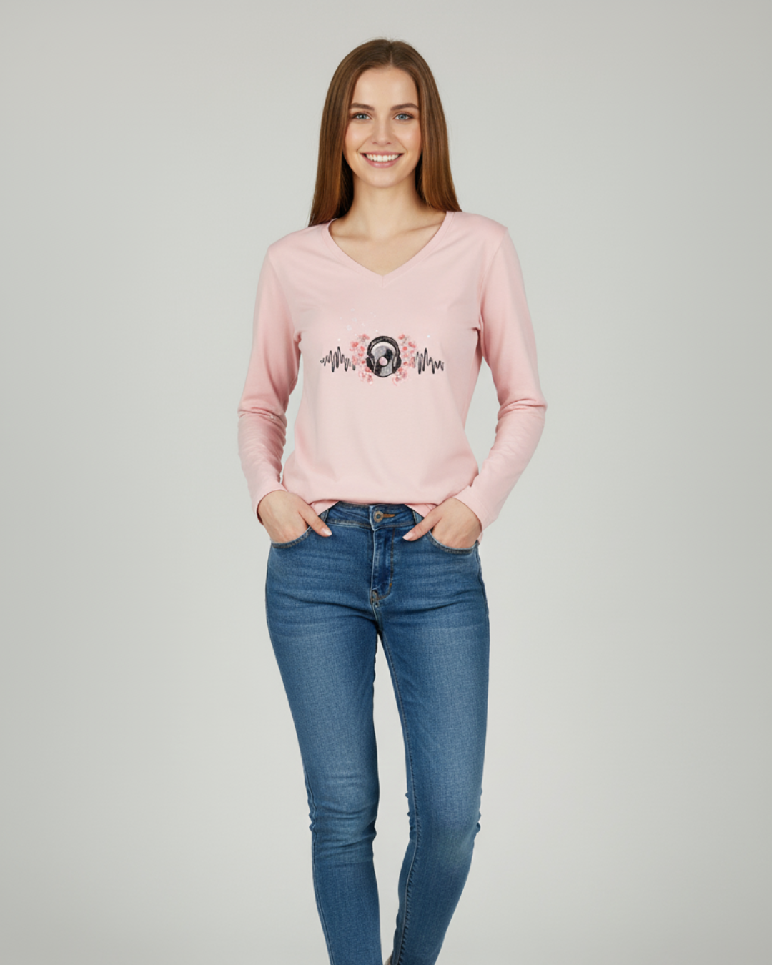 Women Soft Cotton V-Neck Graphic T-Shirt
