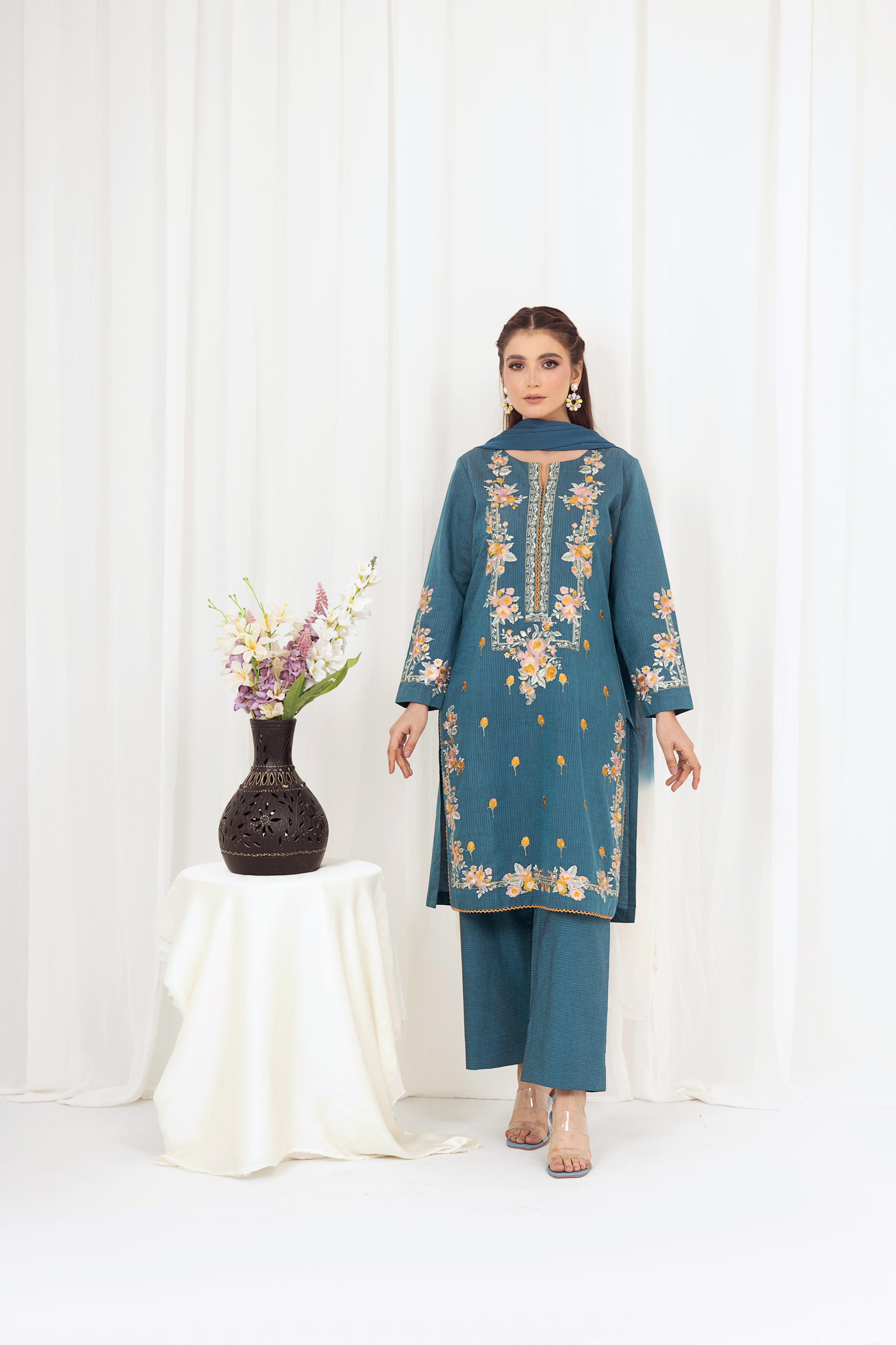 Azure Blue Embroidered 3-Piece Suit with Floral Motifs – AnyWear