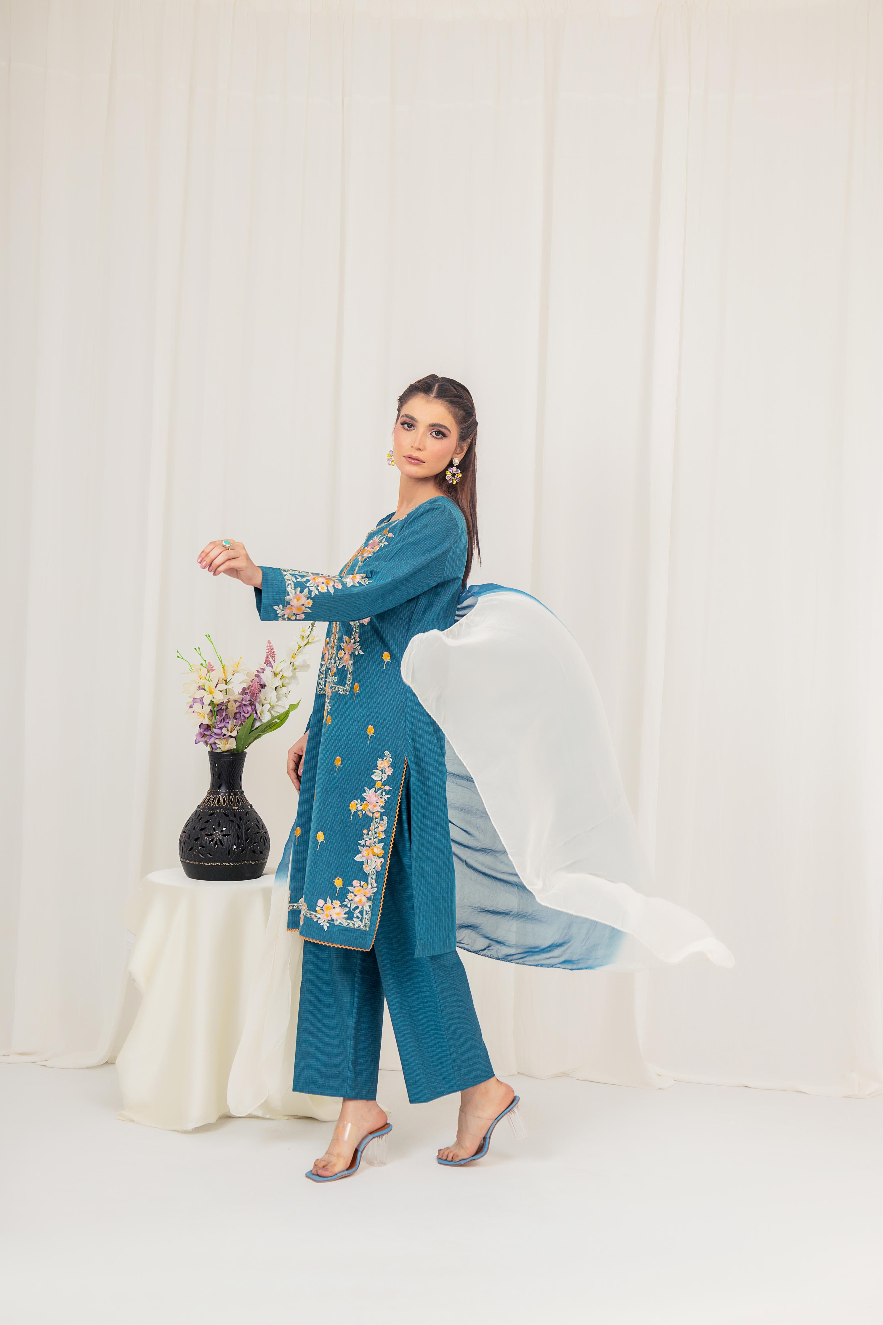 Azure Blue Embroidered 3-Piece Suit with Floral Motifs – AnyWear
