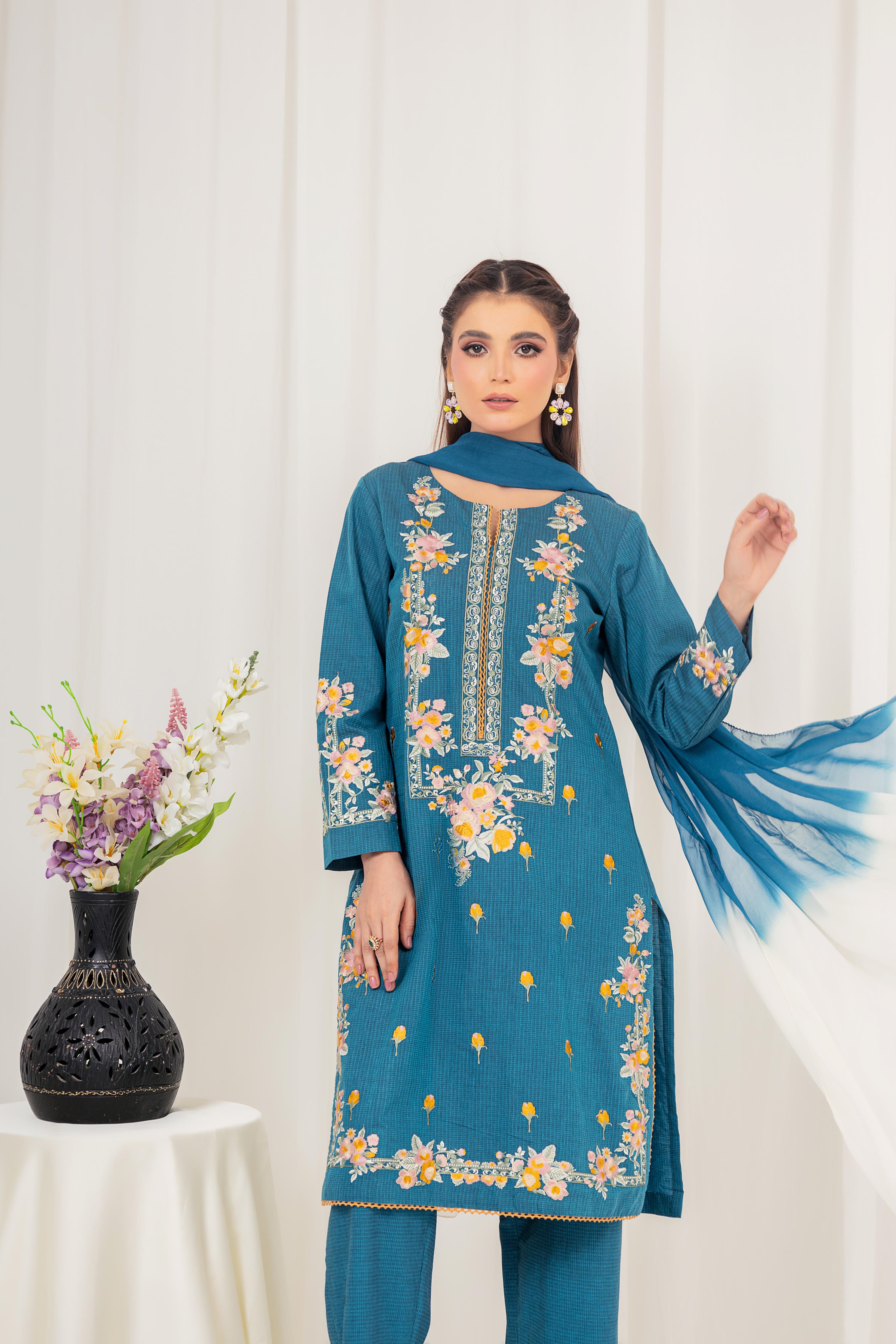 Azure Blue Embroidered 3-Piece Suit with Floral Motifs – AnyWear
