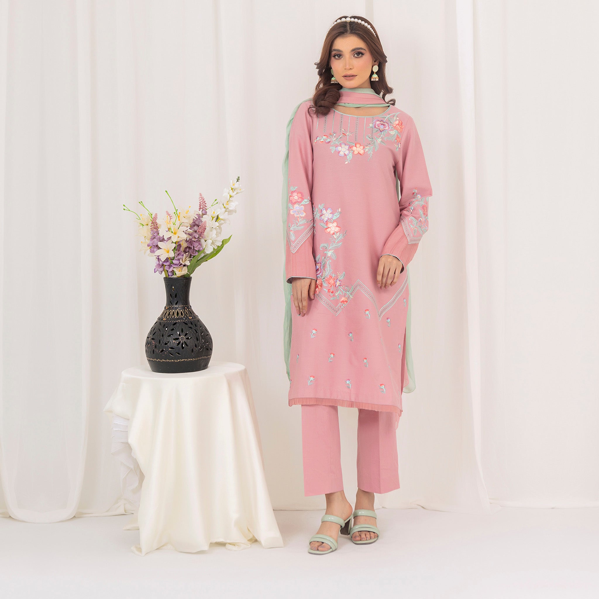 Blush Pink Embroidered 3-Piece Suit with Floral Details