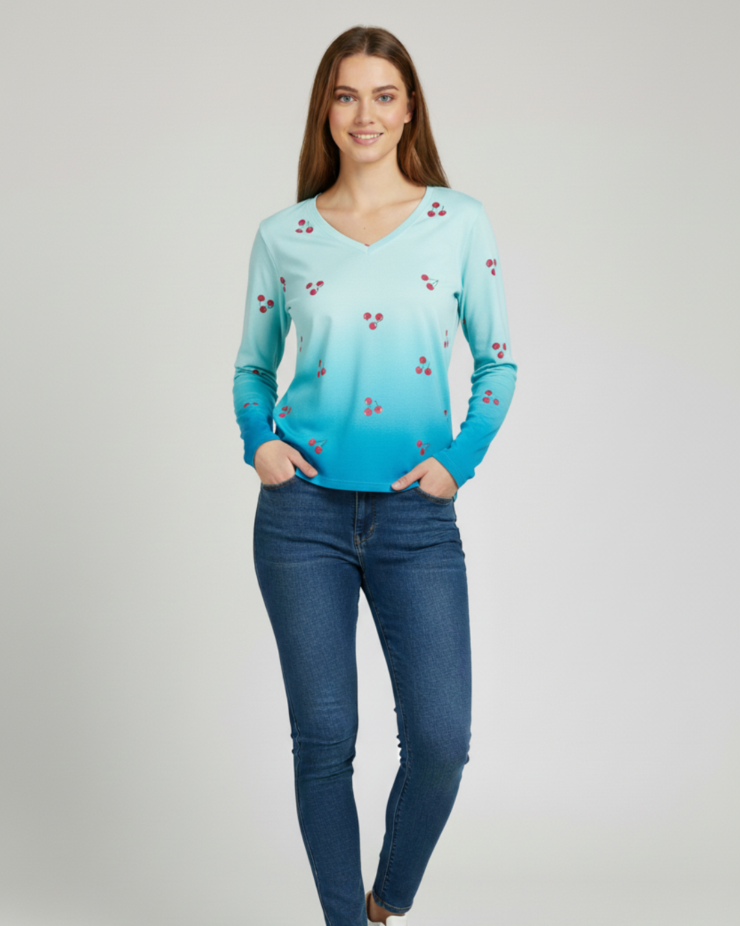 Girls All-Over Printed V-Neck Sky Blue Women's T-Shirt