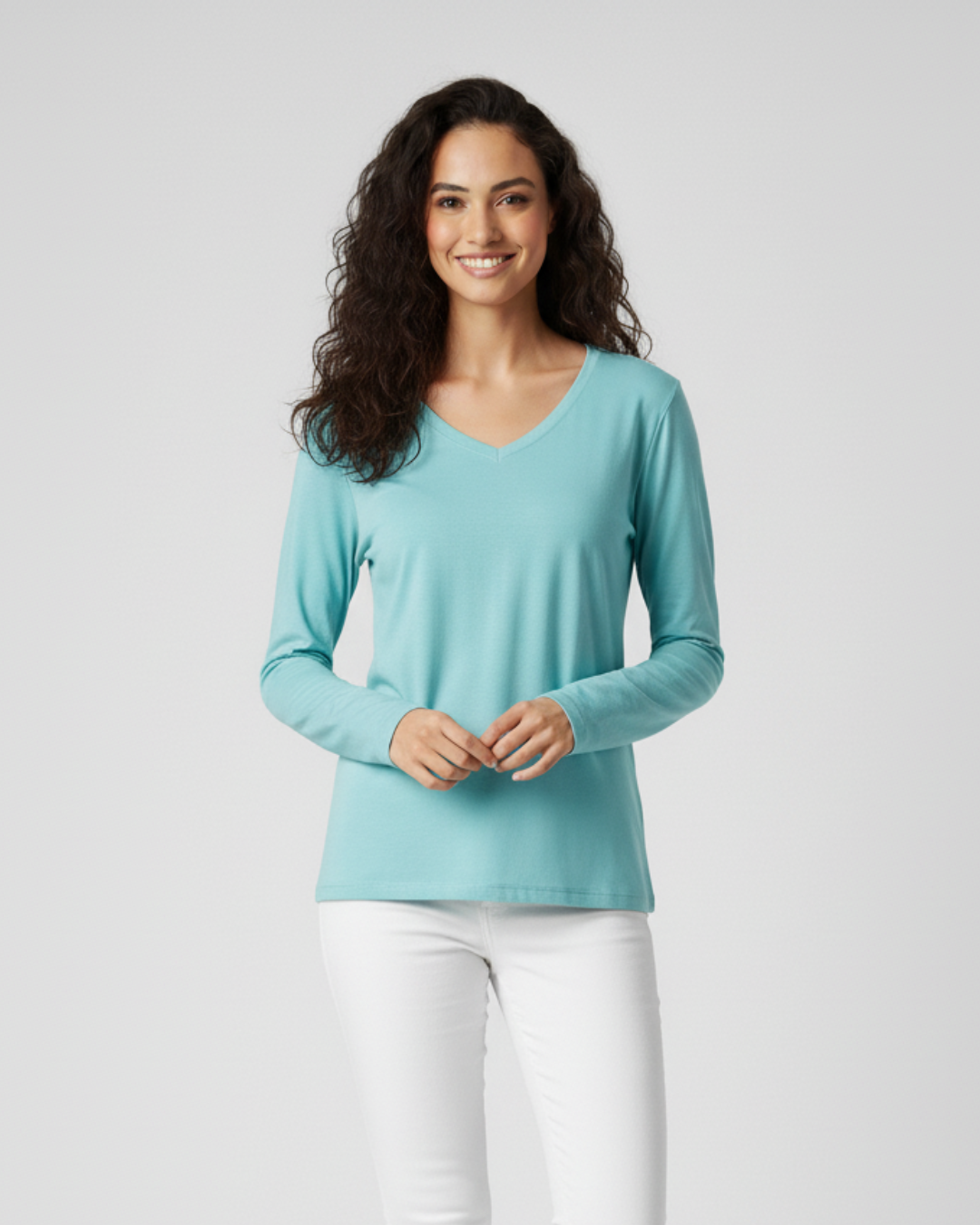 Women Soft Cotton V-Neck T-Shirt Sky