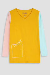 Women Graphic Tie & Dye V-Neck T-Shirt gold yellow