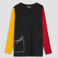 Women Graphic Contrast Sleeves V-Neck Black T-Shirt