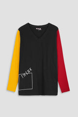 Women Graphic Contrast Sleeves V-Neck Black T-Shirt