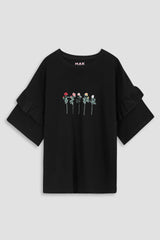 Women Soft Cotton Graphic Black Frill Top