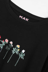 Women Soft Cotton Graphic Black Frill Top
