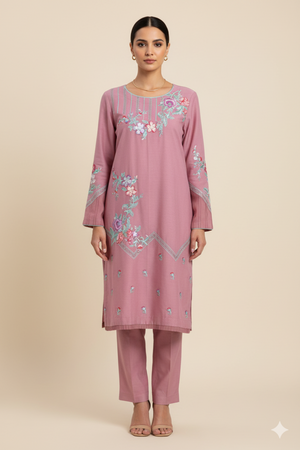 Woman wearing a pink embroidered outfit on a beige background