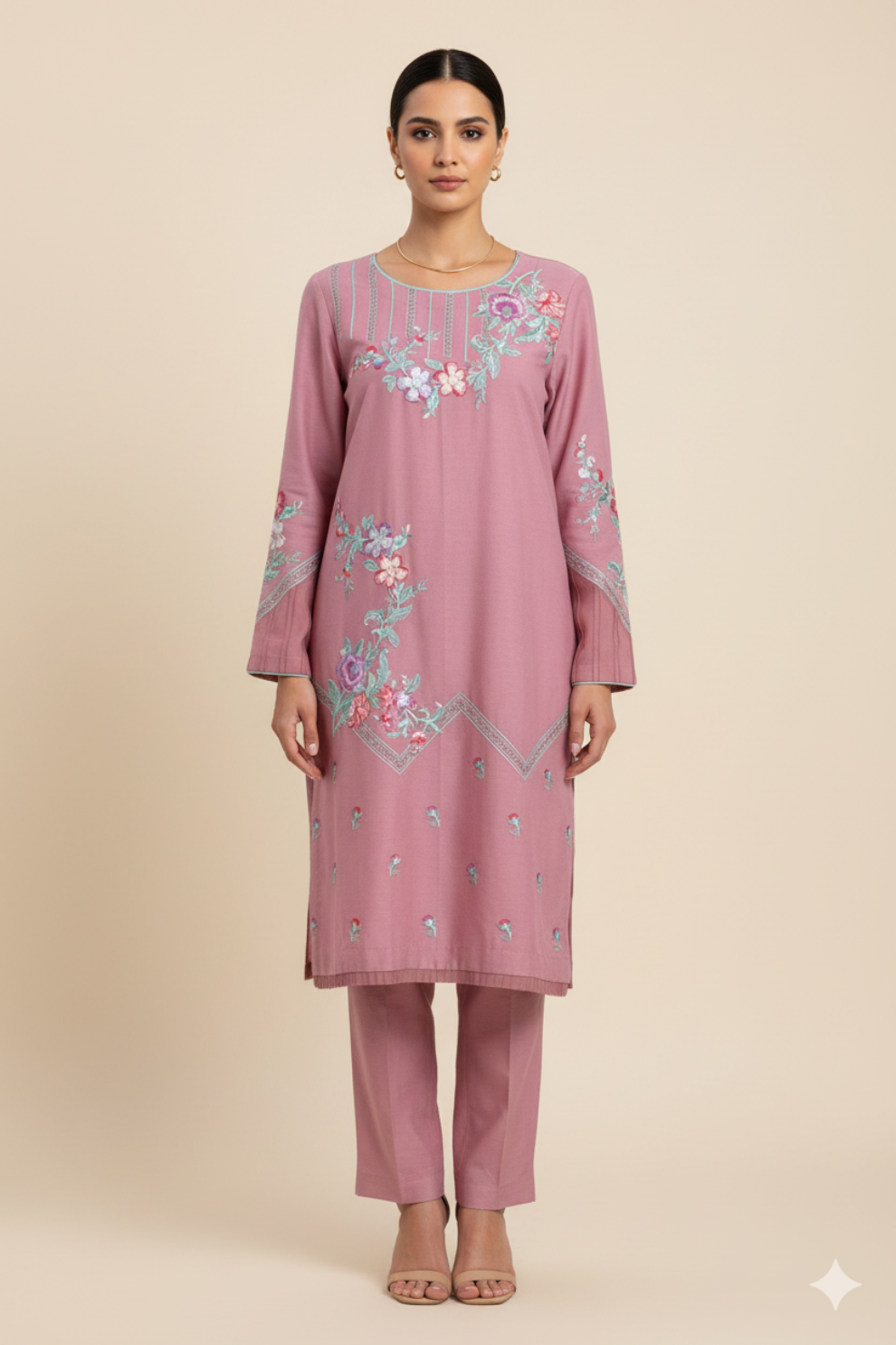 Woman wearing a pink embroidered outfit on a beige background