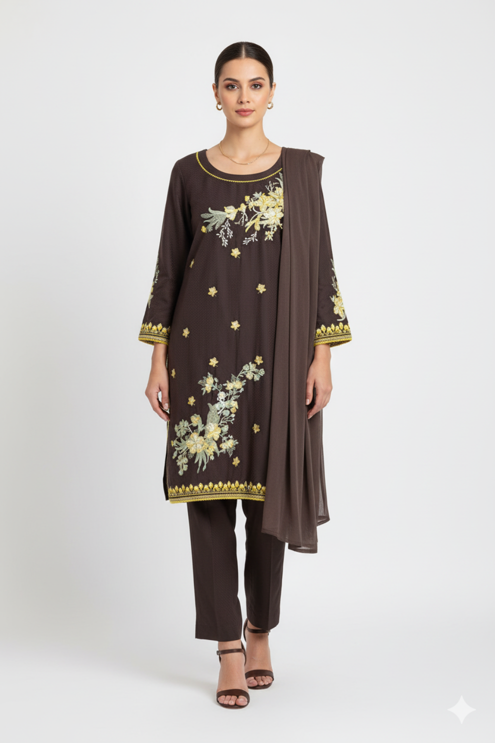 Woman wearing a brown outfit with floral embroidery on a white background