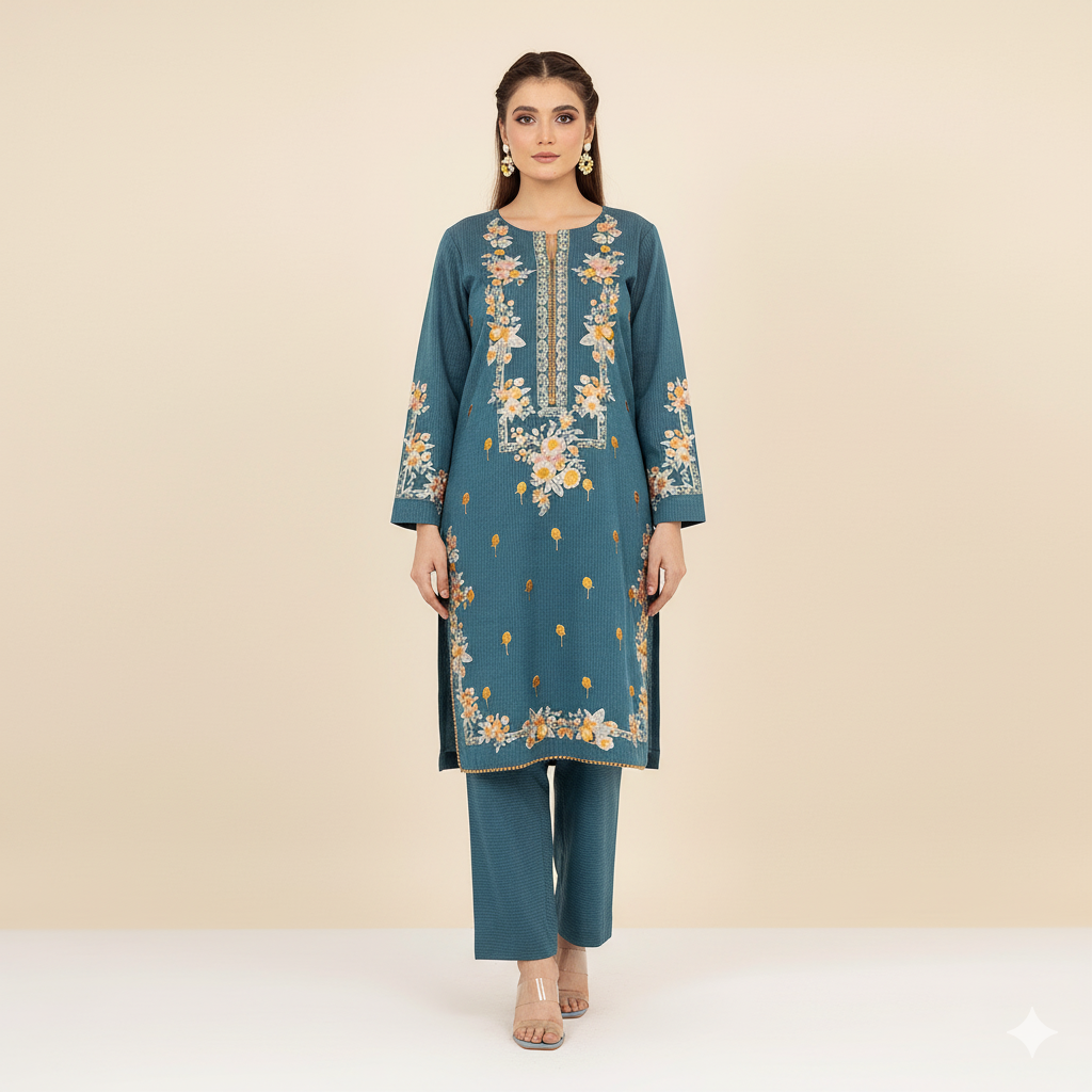 Azure Blue Embroidered 2-Piece Suit