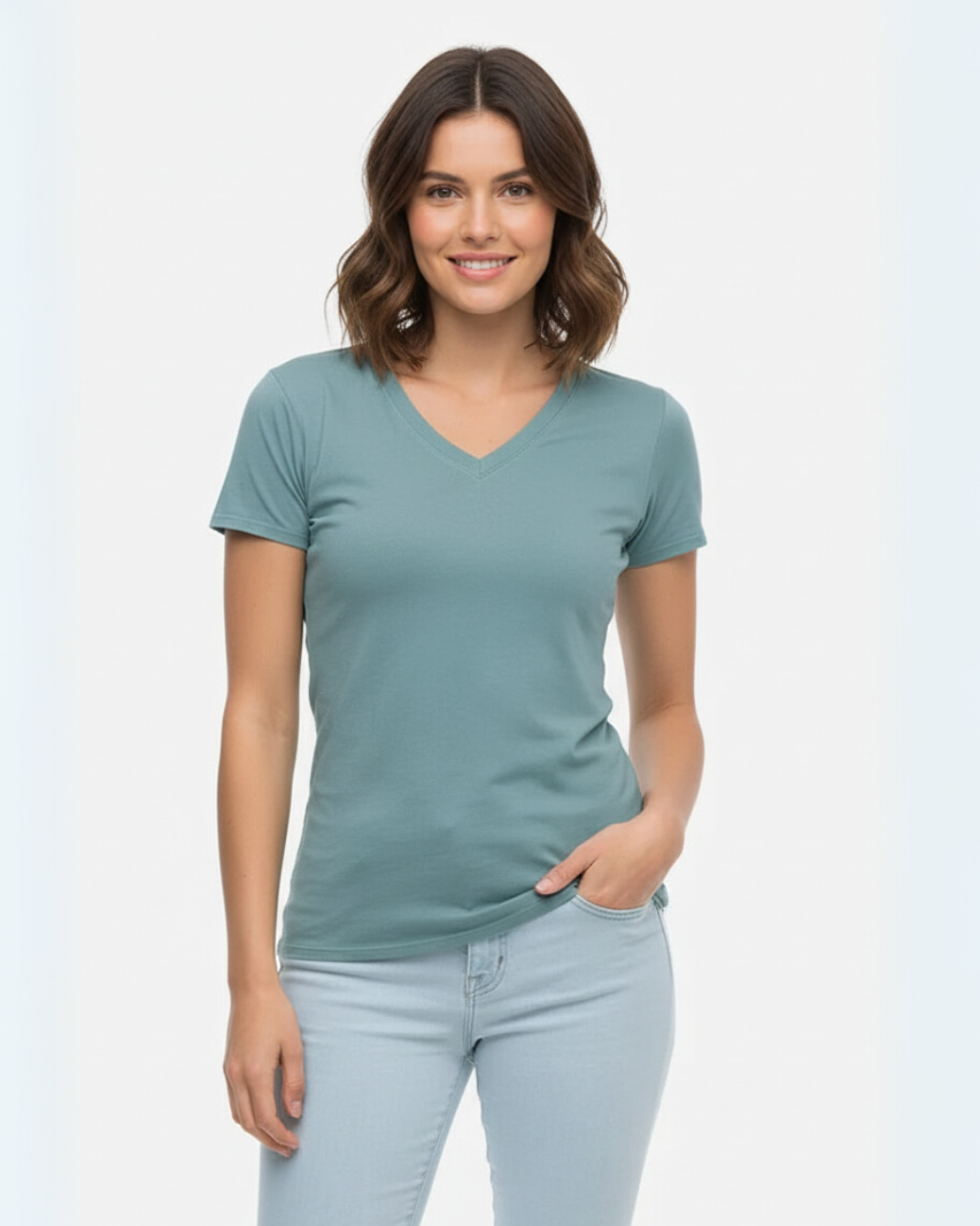 Women Blue Sage Organic Cotton V-Neck