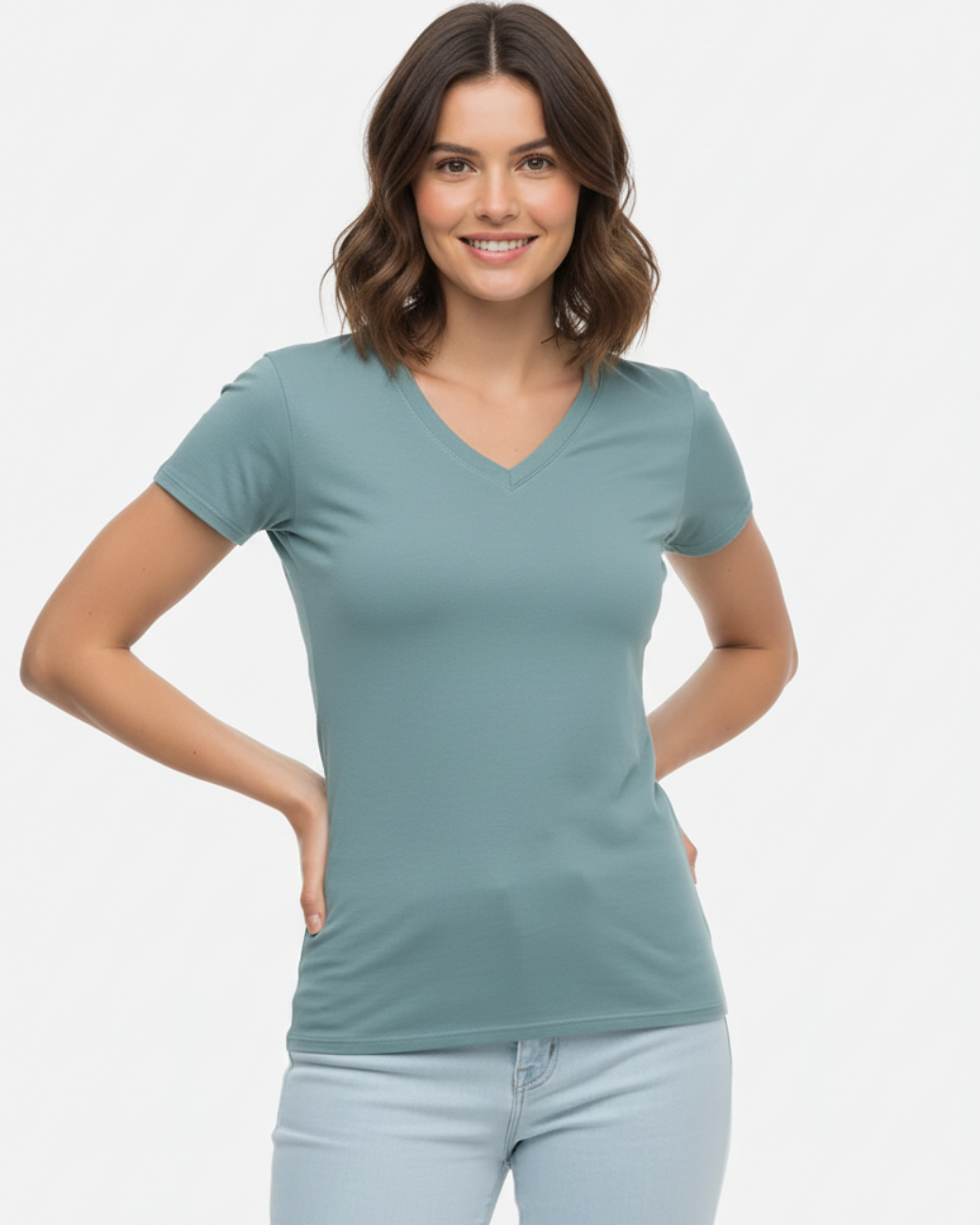 Women Blue Sage Organic Cotton V-Neck